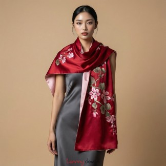 Khăn lụa 2 mặt đỏ thêu hoa lan 40*200 cm